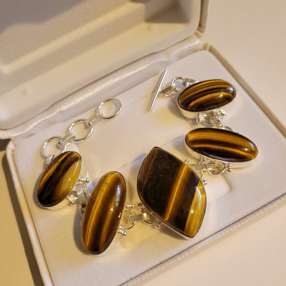 Natural Genuine Tiger's Eye 925 Silver Linked Bracelet - Picture 14 of 14